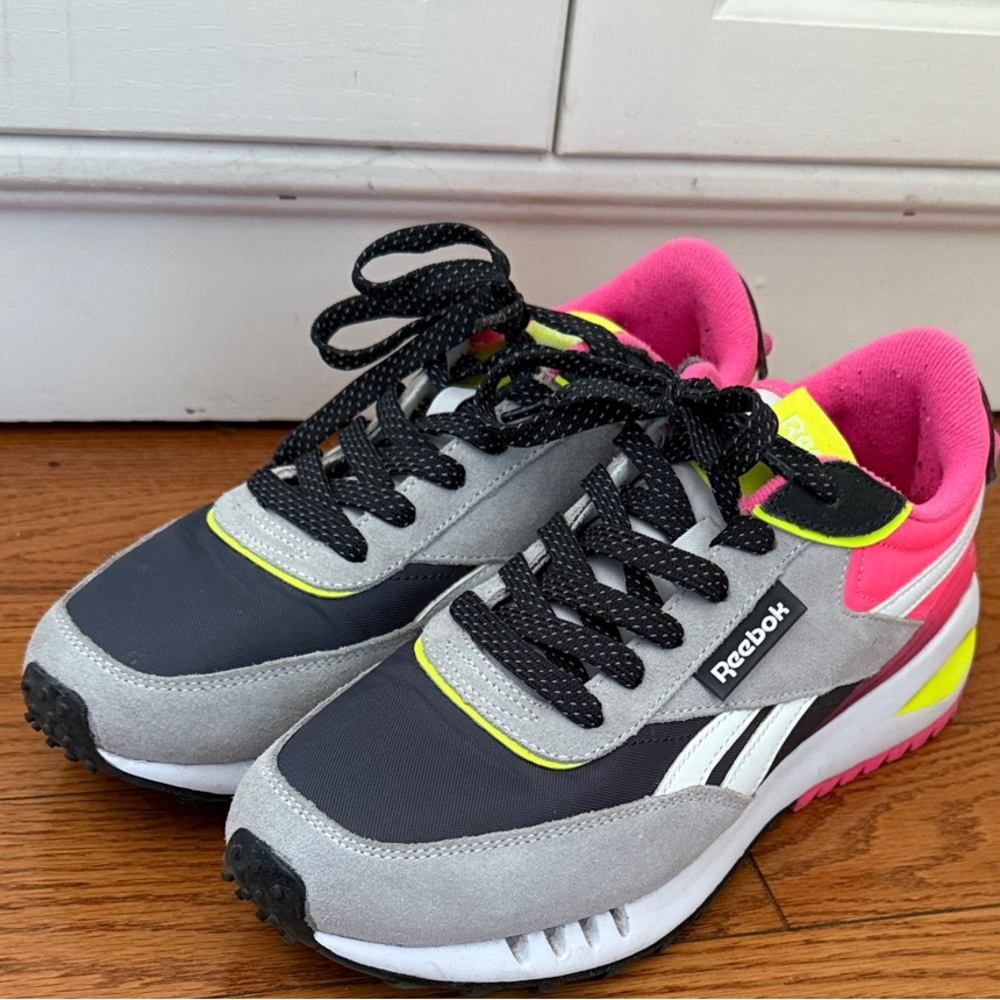 Women's Reebok Sneakers - Gray, Pink, and Neon Yellow - Size 8.5